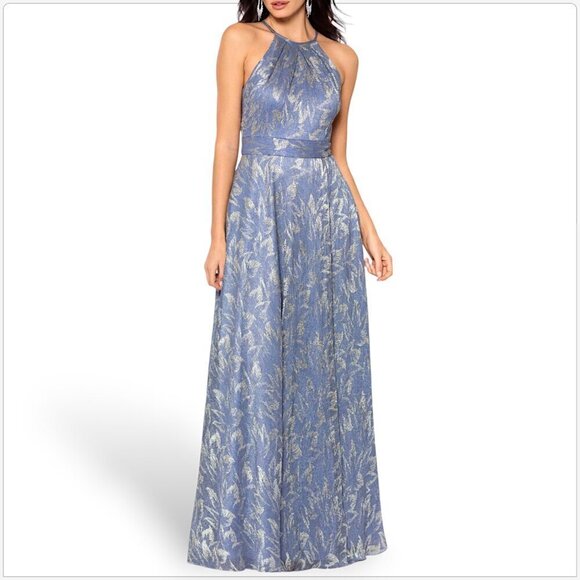 Betsy & Adam Steel Gold Foil Printed Fit and Flare Halter Gown Dress NWT NEW 10 - Picture 1 of 7